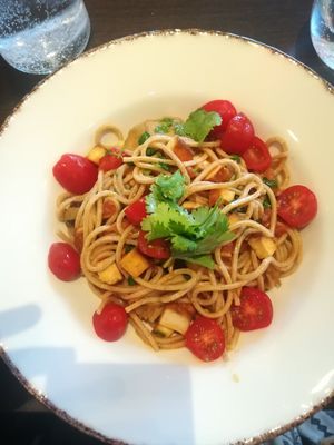 Pasta dish with smoked tofu, tomatoes, cilantro, artichoke hearts at Senso - Scandic Hotel in Gdansk