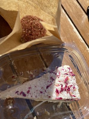 Cheesecake and raspberry power ball  at The Green Moustache in Squamish