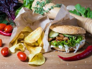 Seytan burger with potatoes chips  at GreenBurg  in Dnipropetrovsk