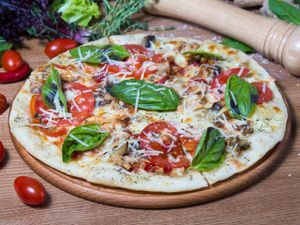 BBQ pizza.
Soya, vegetables, mushrooms, cheese, tomatoes  at GreenBurg  in Dnipropetrovsk