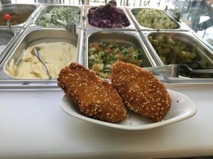 Vegan schnitzel  at Falafel Mevorach in Tel Aviv
