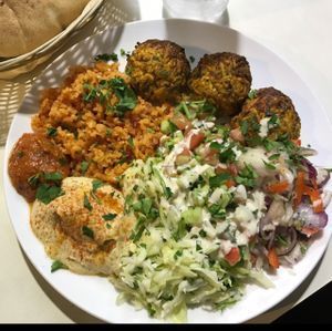 Veg patties and salads  at Falafel Mevorach in Tel Aviv