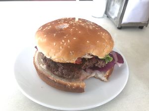 the burger is good try it! at Falafel Mevorach in Tel Aviv