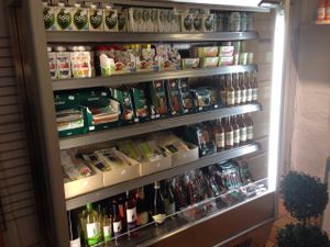 Meat- and cheese substitutes plus coconut water. at The Vegan Shop in Copenhagen