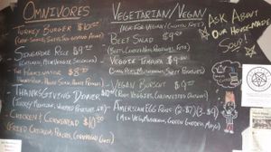 Vegan/vegetarian on right. Menu changes periodically.
Omnivore menu on left can often be made vegan if desired. at Black Sheep Lounge in Welland