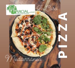 MEDITERRÁNEA tomato sauce mushrooms red onion red pepper dehydrated tomato cheese and black olives. LA CASA tomato sauce grape and dehydrated tomato cheese arugula spinach lemon at Marcial by Mako in Cabo San Lucas