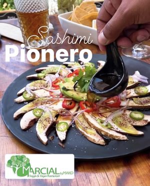 SASHIMI Pionero
Portobello flower marinated in soy sauce, rice vinegar, green lemon and ginger, purple onion, avocado, beautiful mintage with sesame, Jamaican salt and arugula at Marcial by Mako in Cabo San Lucas
