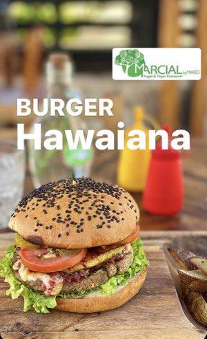 HAWAIIAN burger
Breaded lentil patty, chorizo, grilled pineapple with sweet and sour sauce, cheese, pickles, “old” mustard, avocado, mixed leaves, tomato and smoked chili dress at Marcial by Mako in Cabo San Lucas