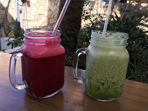 Freshly made red and green juice at Marcial by Mako in Cabo San Lucas