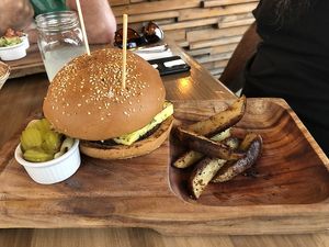 Vegan lentil burger with pinapple at Marcial by Mako in Cabo San Lucas