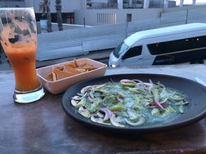 Vegan ceviche, chips and salsa and smoothie  at Marcial by Mako in Cabo San Lucas