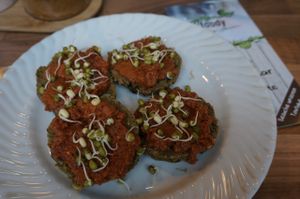 Raw Bread w/Tomato Spread at Greenfoody in Frankfurt