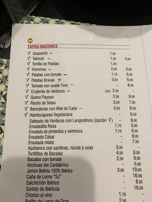 Pen marked are vegan options  at Toro Tapas in Ronda