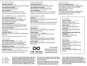 Menu at The Space in Salem