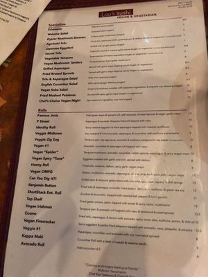The vegan menu. Lots of choices. Let them know you’re vegan — although our waitress then gave us tamari and switched out the soy sauce saying that the soy sauce wasn’t vegan because it wasn’t gluten free. A common weird non-vegan assumption I’m finding.  at Midtown Sushi in Sacramento