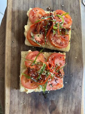 Middle East focaccia (fresh tomato not mushrooms)  at Happy Banana in 