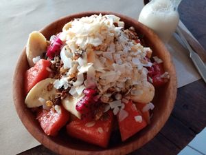 cacao quinoa granola with soy milk and fruit at Happy Banana in 