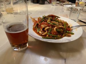 Beer and pasta  at Glacier Brewhouse in Anchorage