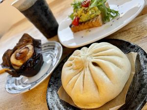 Muffin, avo toast, bro at The Workshop Vegetarian Cafe in North Vancouver