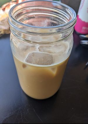 Iced latte with oatmilk at The Workshop Vegetarian Cafe in North Vancouver