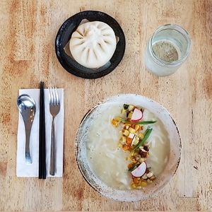 Rice Noodle Soup and Vegan Bao  at The Workshop Vegetarian Cafe in North Vancouver