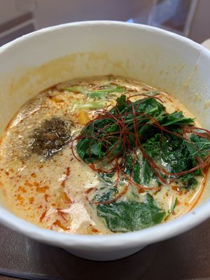 Spicy ramen to go at The Workshop Vegetarian Cafe in North Vancouver
