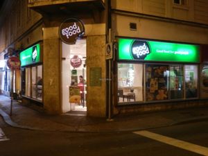 Outside of the restoraunt at night at Good Food in Zagreb