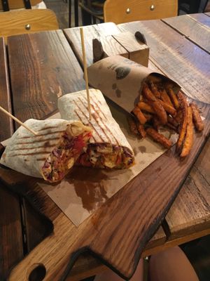 vegan wrap and sweet potato fries at Good Food in Zagreb