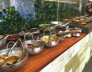 Buffet counter at OM Vegan Kitchen in Surry Hills
