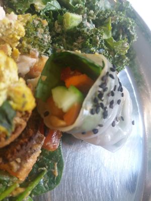 Spring roll and kale salad at OM Vegan Kitchen in Surry Hills
