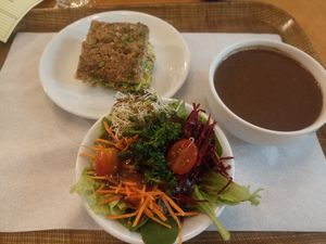 Bean soup with tofu kibe and individual salad. at Moinho de Pedra in Sao Paulo