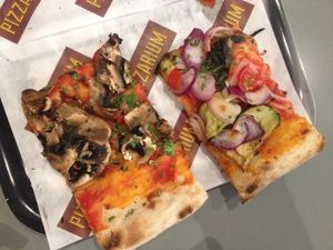 Two of the four vegan options at Pizzarium in Helsinki