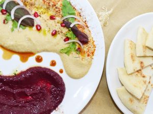 Hummus, beetroot dip and pita at Sarangi Vegetarian Restaurant in Kathmandu