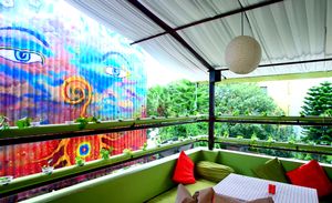 Artwork on the terrace at Sarangi Vegetarian Restaurant in Kathmandu