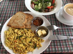 tofu scramble and salad, good food. at Sarangi Vegetarian Restaurant in Kathmandu