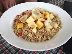 bircher muesli with fresh fruit salad at Sarangi Vegetarian Restaurant in Kathmandu