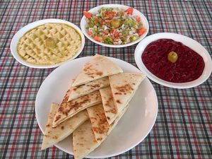 Guacamole, salsa, beetroot dip & pita bread at Sarangi Vegetarian Restaurant in Kathmandu