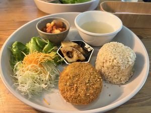 Pumpkin croquette lunch plate  at Fukamidori in Fukui
