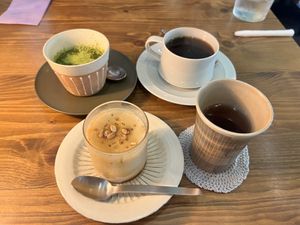 Almond milk pudding and matcha tiramisu  at Fukamidori in Fukui
