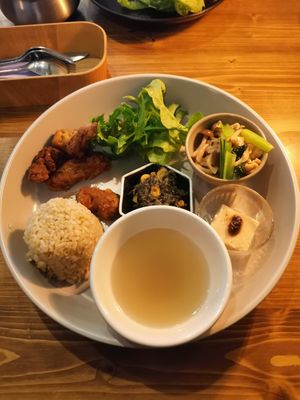 The daily special with tofu meat. at Fukamidori in Fukui