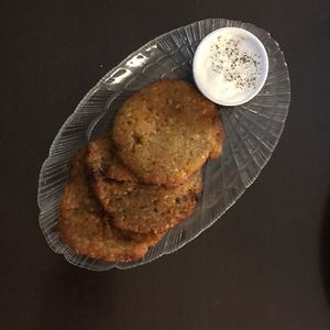 potato pancakes (non vegan version - sauce) at Vega Burger in Minsk