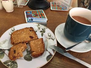 Delicious vegan banana bread with tea (soy milk) at The Wren's Nest in Dingle