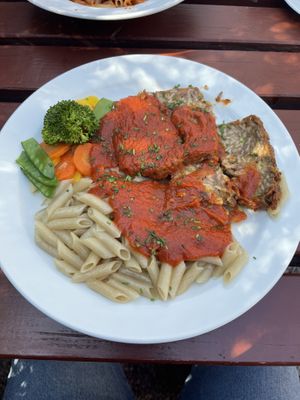 Nussbraten, spelled pasta and veggies   at Beim Olivenbauer in Fuessen