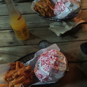 dinner is served  at Marvin's Burgers in Playa Del Carmen
