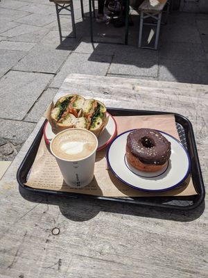 Bagel, donut and latte (all vegan) at Shakespeare and Company Cafe in Paris