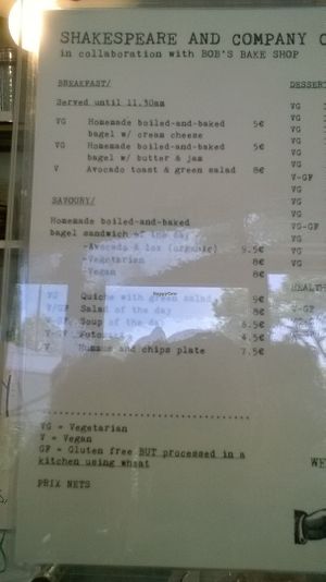 Menu. V = vegan; VG = vegetarian at Shakespeare and Company Cafe in Paris