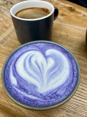 Purple latte with sweet potatoe, vanilla and oat milk  at Shakespeare and Company Cafe in Paris