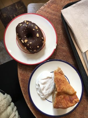 Glazed doughnut with peanuts and apple pie with coconut yoghurt  at Shakespeare and Company Cafe in Paris