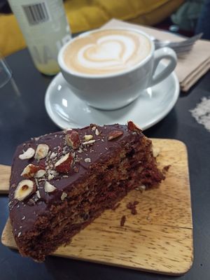 Vegan cake of the day and oat cappuccino at Wally's Coffee in Lille