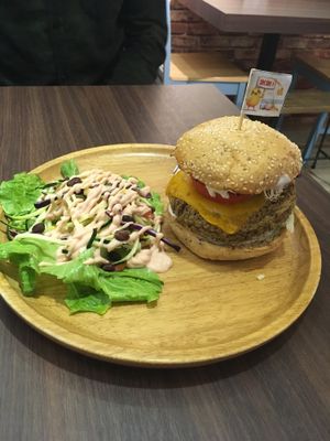 Mushroom lentil burger and tofunia salad  at Tofunia in Taipei